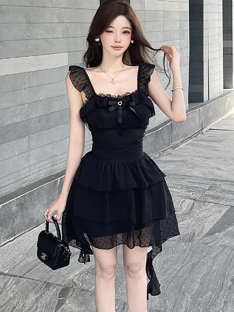 Feminino coreano vintage bodycon lolita estilo vestido de verão preto arco renda chique malha estilingue vestido sexy 2025 elegante vestido de festa causal