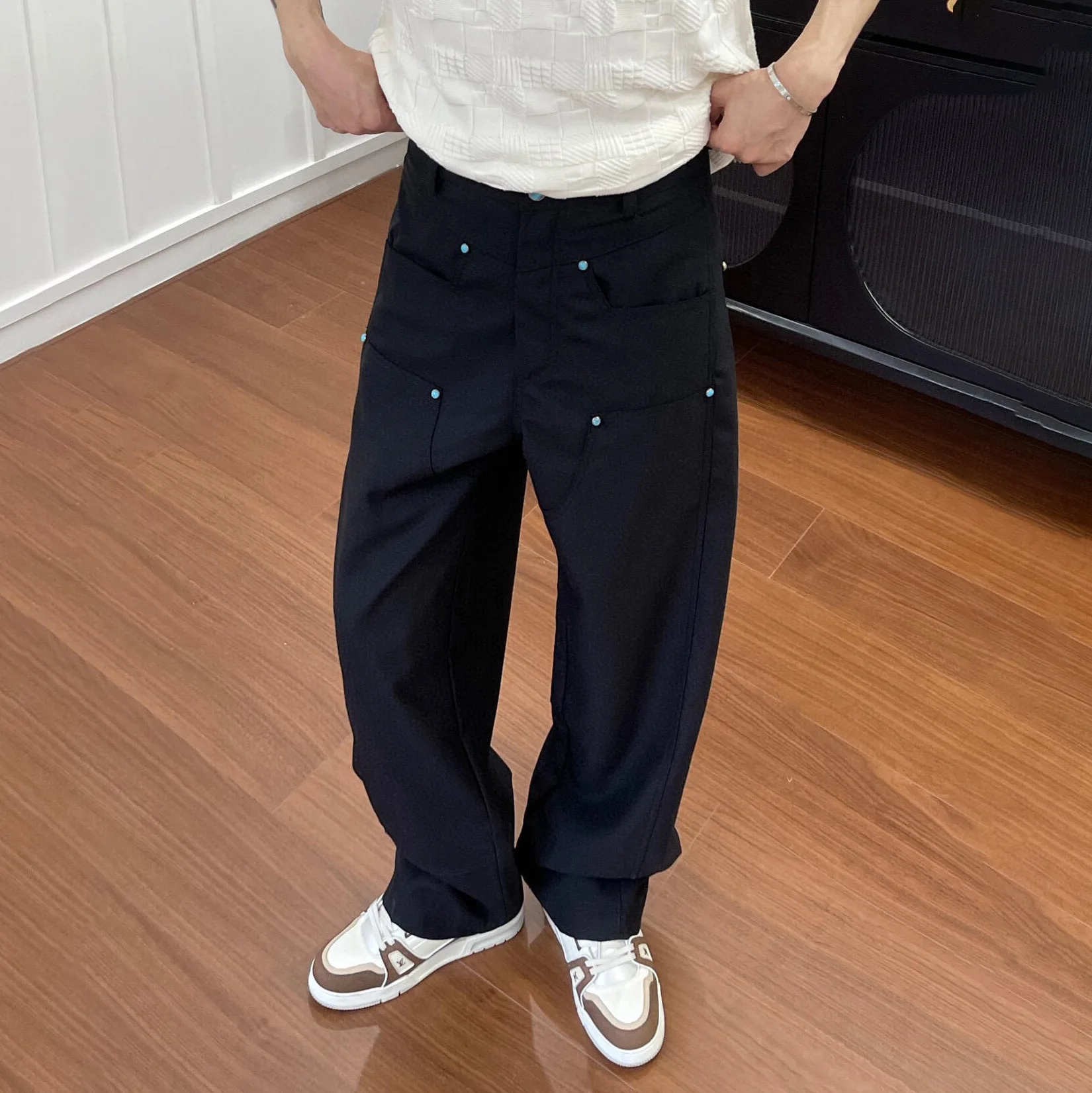 

Cleanfit New Design Turquoise Straight Leg Casual Pants Pure Color Workwear Men's Long Trousers Casual Sle Busin Gentleman