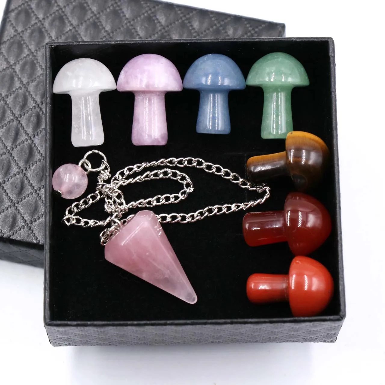 Healing Reiki 7chakala Mushroom Natural Crystal Yoga Colorful Pink Crystal Agate Original Stone Pendulum Set Decoration Gift