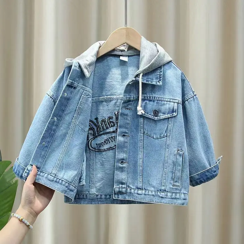 Boys Denim Jacket Spring Autumn Hooded Patchwork Jacket Boys Baby Fashion Embroidered Denim Jacket Kids Casual Clothing 2-7Y