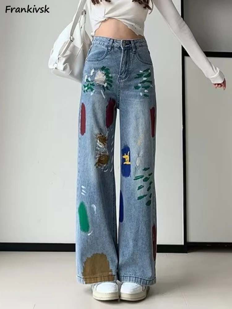 

Loose Jeans Womne Coloured Drawing or Pattern Asymmetrical Washed Leisure Fashion Frayed Vintage Denim Japanese Style Harajuku