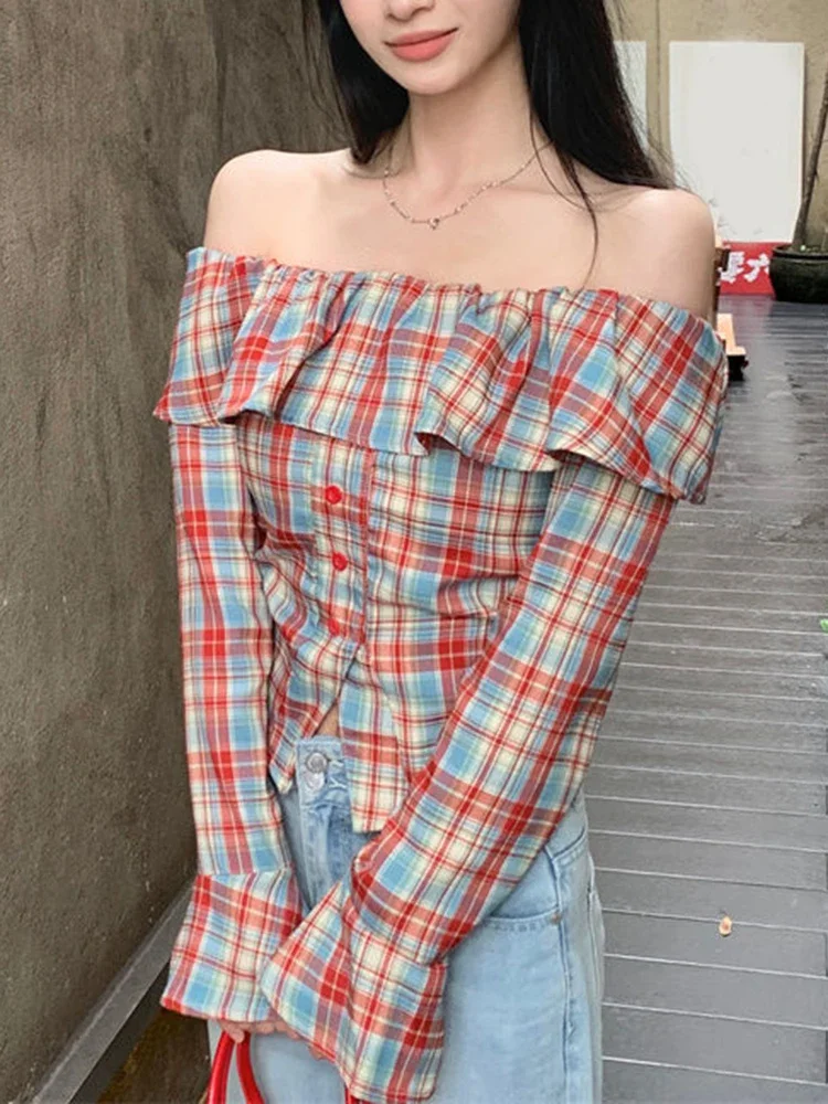 

Ruffles Off Shoulder Plaid Shirt Women Flare Sleeve Slim Sexy Slash Neck Blouse Korean Vintage Female Sweet Elegant Tops