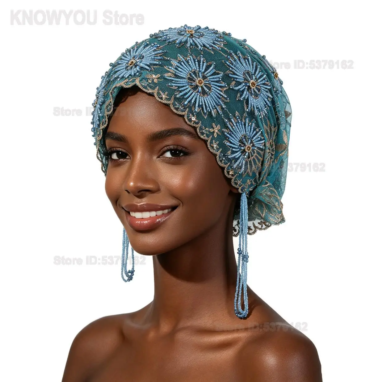 Women New Heavy Handmade Beaded Sunflower Tassel Turban Hat Fashion Lace Headscarf Cover Cap for Daily Wear