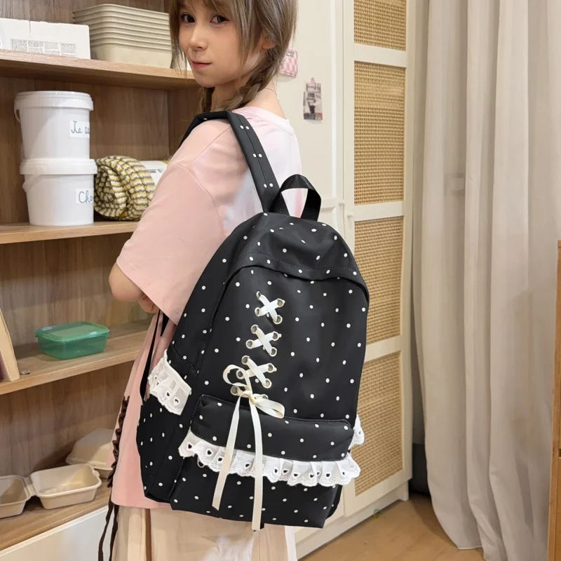 Kawaii Polka Dot Campus Bookbag with Bow and Ruffed Lace Travel Rucksack Coquette Travel Casual Daypack for Teens Girls Students