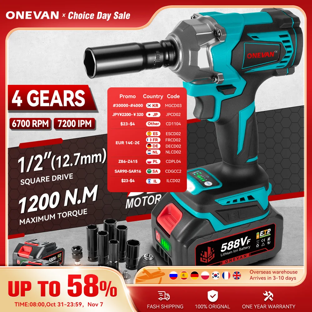 ONEVAN 1200N.M бесщеточный электрический ударный гайковерт с крутящим моментом 1/2 дюйма, торцевая отвертка, электроинструменты для Makita, аккумуляторный штифт 18 В