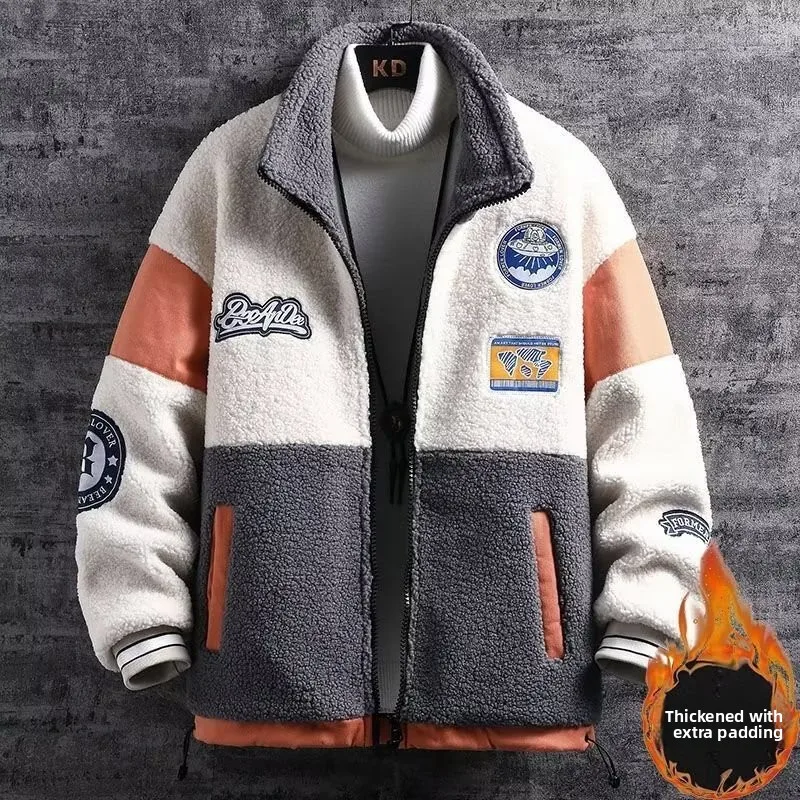 Lamb Velvet Jacket Men's Thickened Stand Collar Autumn Winter New Style Korean Version Fashion Brand Cotton Sweatshirt Youth 