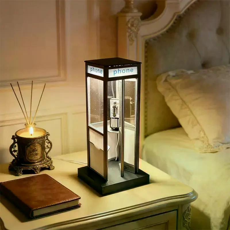 Retro Vintage Tall Phonebooth Lamp Classic Telephone Booth Table Warm LED Light Phone Box Decorative Night No Break Nostalgic