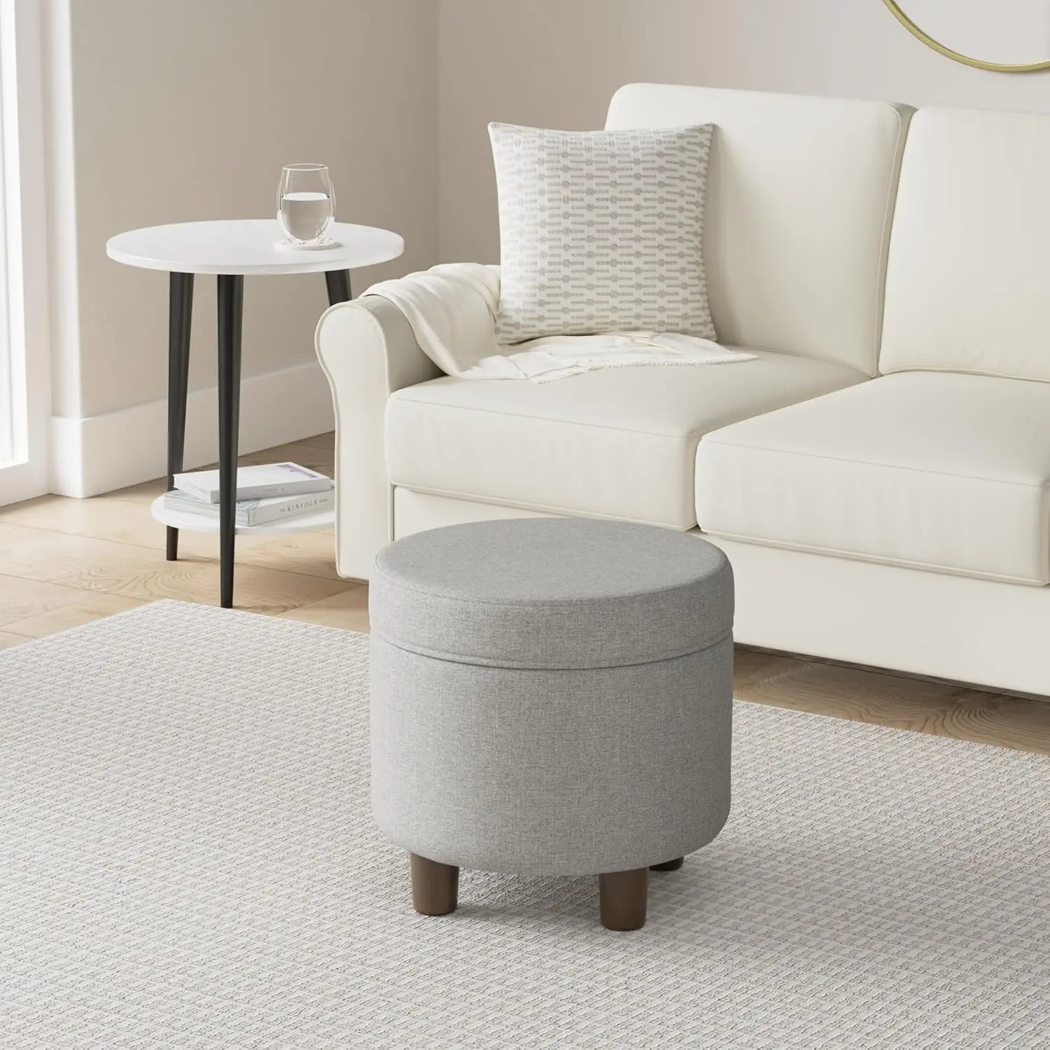 Homepop Home Decor | Upholstered Round Storage Ottoman | Ottoman with Storage for Living Room & Bedroom, Light Gray Tweed Large