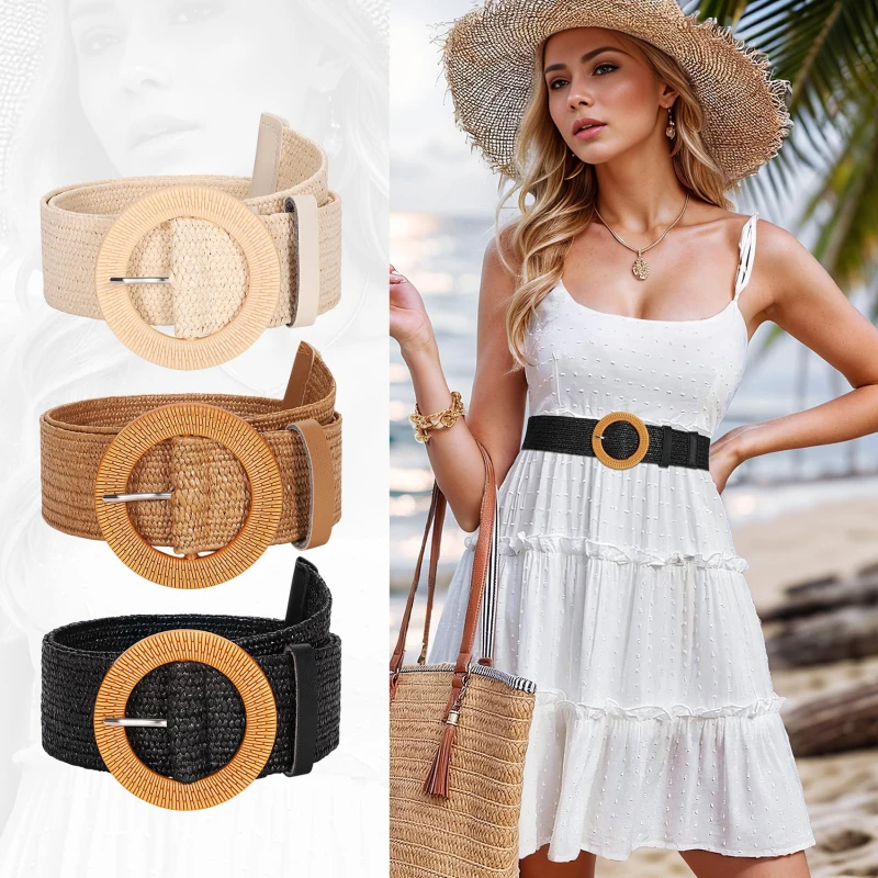 

NEW Women's Waist Belt Imitation Grass Woven Waist Belt Bohemian Summer Wide Belts Waistband Linen Elastic Dress Decoration Belt