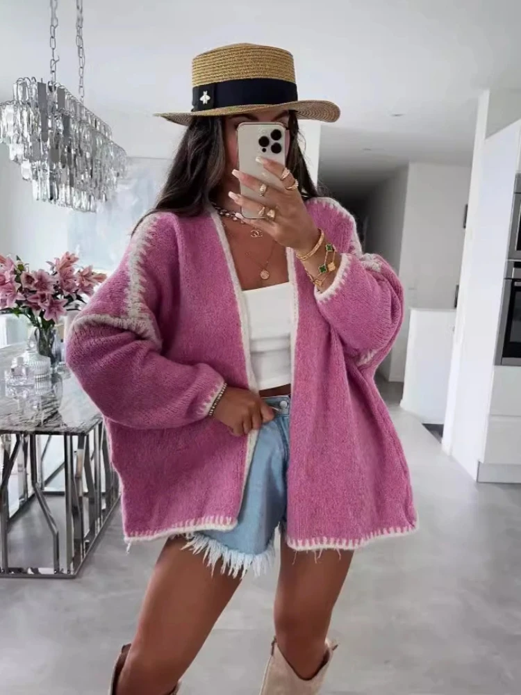 

Autumn Winter Coarse Needle Knitted Sweater Coat Pure Color Loose Open Cardigan INS Fashion Faux Wool Knitwear Casual Pink Coat