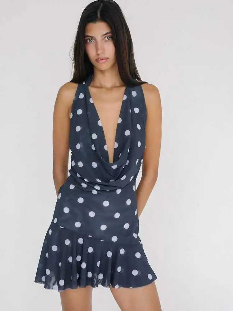 

JULISSA MO Print Polka Dot Sexy Backless Halter Women Dress Deep V-neck Bandage Mini Dress Summer Slim Elegant Party Club Dress