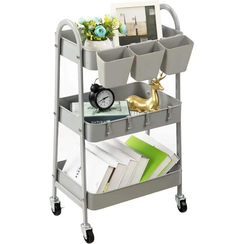 3-Tier Rolling Cart, Metal Rolling Storage Cart with Lockable Wheels & Hanging Cups & Hooks, Mobile Trolley Cart for Kitchen,