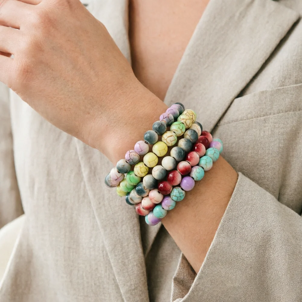 Economic 5Pcs/Pack 8mm Ceramics Beads Bracelet Women 2 Sizes Handmade Bicolor Ice Crackle Beaded Braslet Casual Female Jewelry