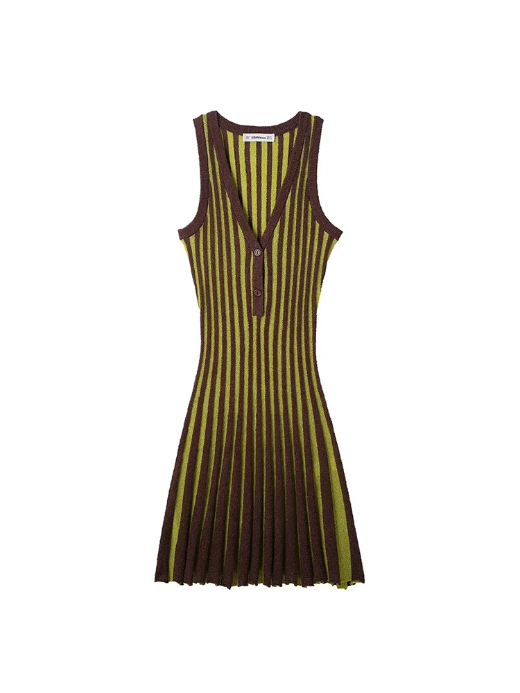 

KUCLUT Women Fashion Knitted Striped Front Button Pleated Mini Dress Vintage V-Neck Sleeveless Female Chic Lady Dresses
