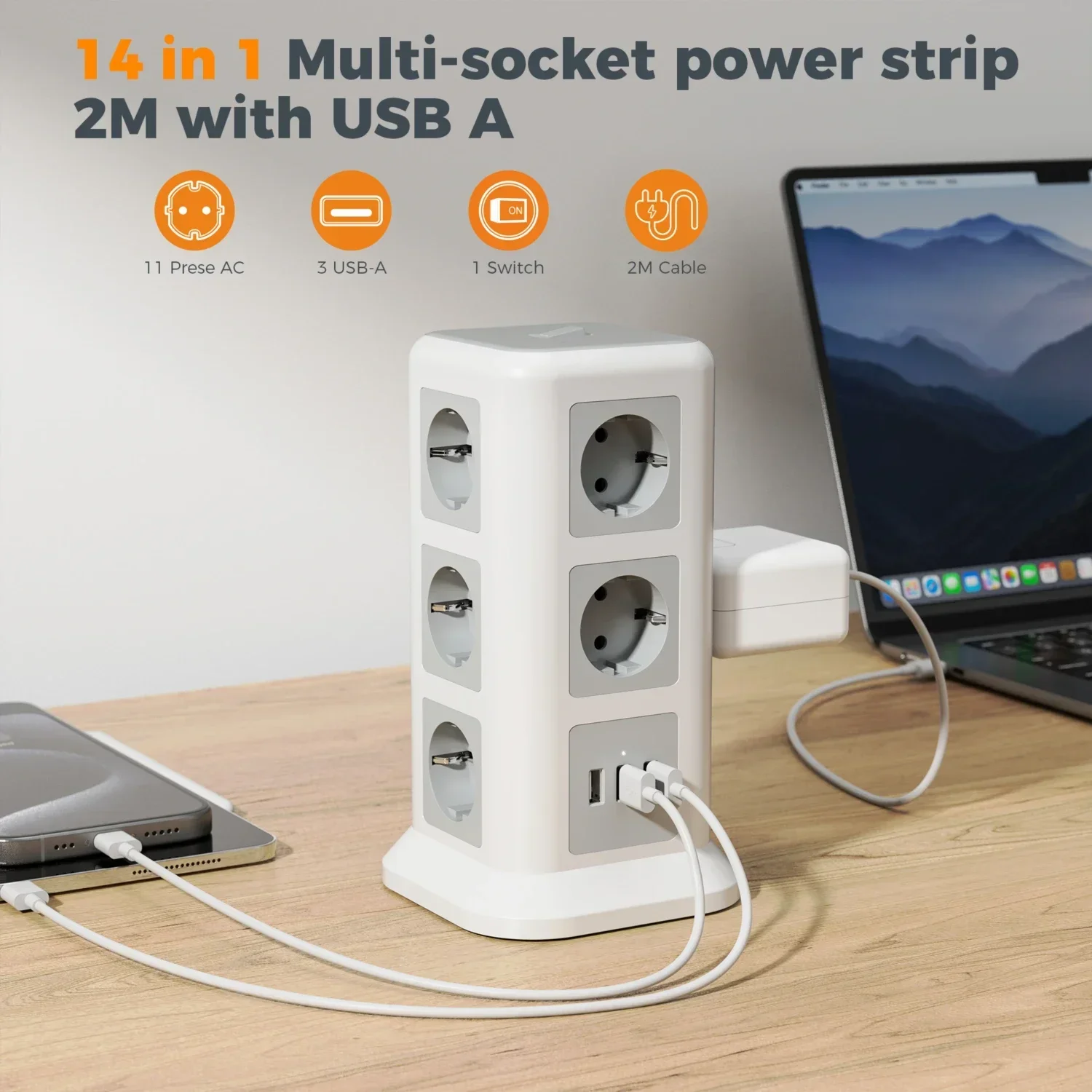 TESSAN Multiple Socket Power Strip with 11 Socket Outlets and 3 USB Ports 2M Cable Tower Multiple Plug with Overload Protection