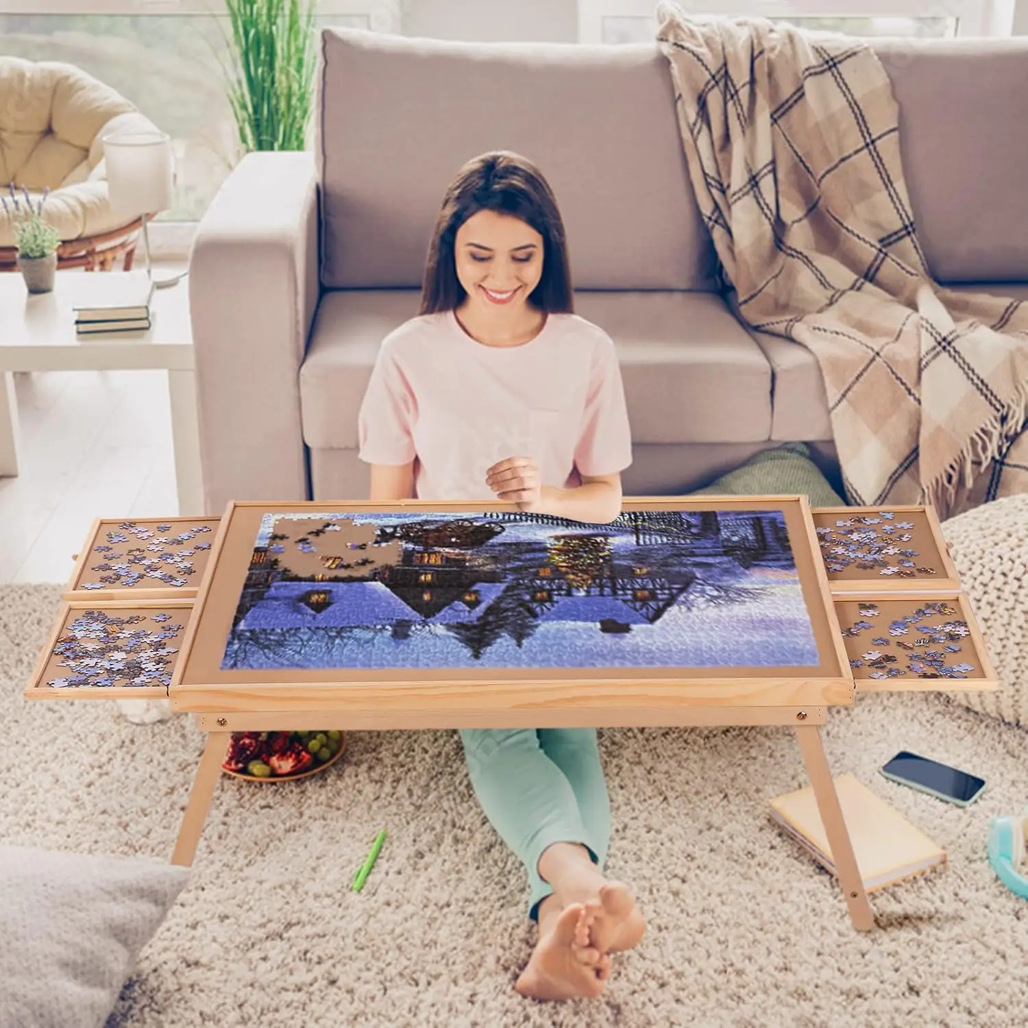 Puzzle Board 1500 Pieces,34.3”x 26.5” Jigsaw Puzzle Table with 4 Drawers and Cover,Portable Board GameTable with Folding Legs