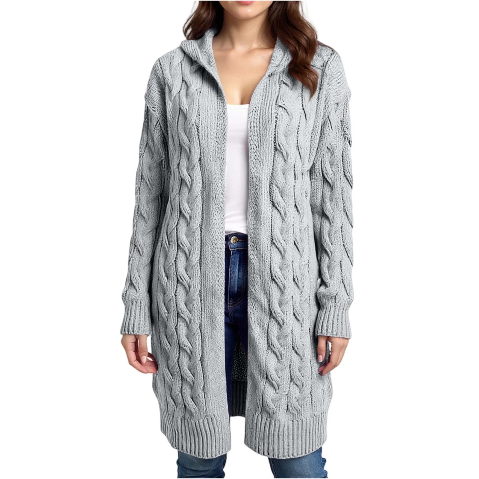

Autumn Winter Women's Casual Mid-Length Hooded Knitted Cardigan Sweater Solid Color Cable Loose Hooded Knitted Cardigan Jacket