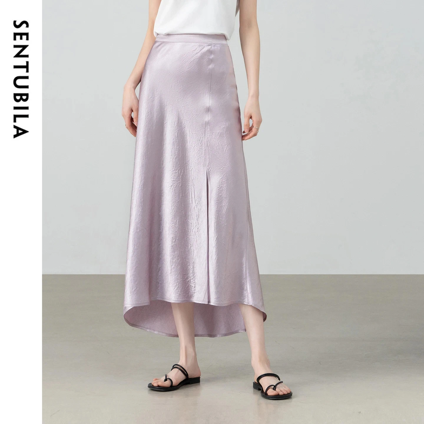 

SENTUBILA Women's Satin A-Line Skirt 2026 Summer New Elegant Asymmetrical Hem Front Slit Elastic Waist Midi Skirt 162QG6114