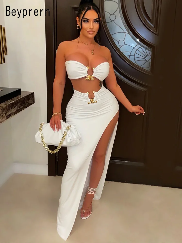 Beyprern New Chic Gold Ring Bandeau Slit Skirt Two-Piece Set Womens Beautiful Off Shoulder Matching Skirt Set Nightclub Outfits