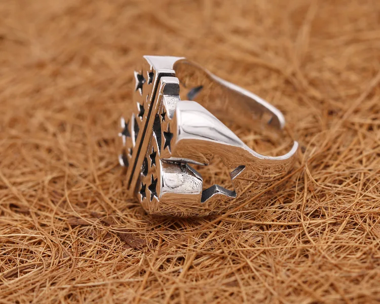 Five pointed star sterling silver ring for men with open mouth personality punk gothic style jewelry trendy wide face large ri