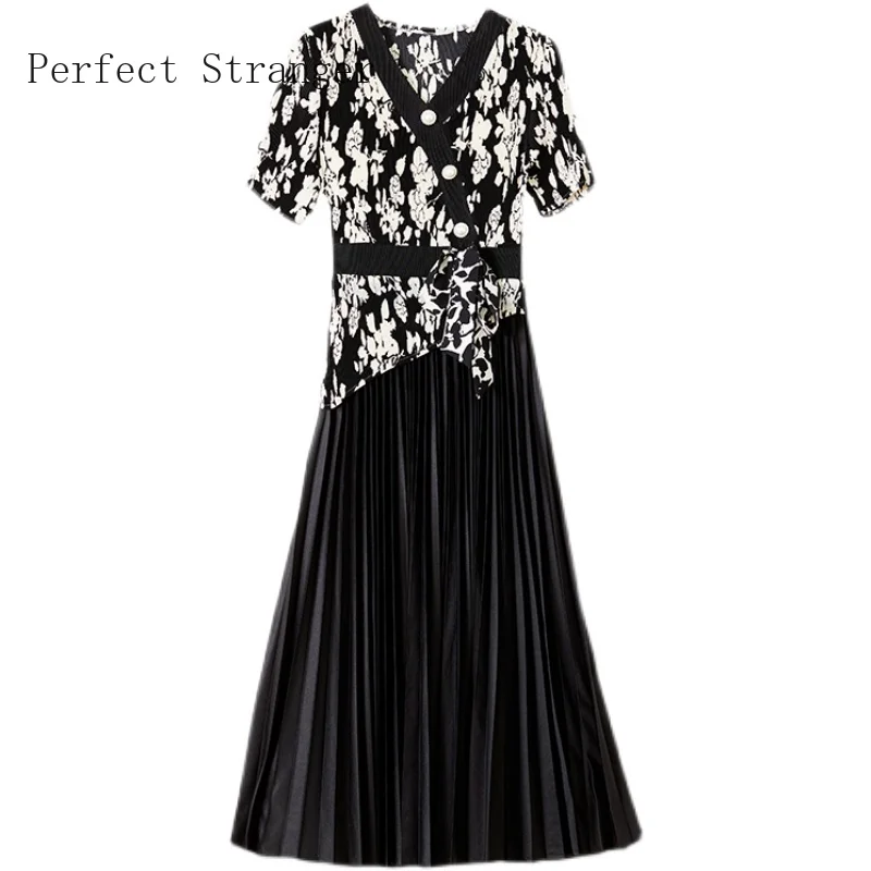 Sanzhai Pleated 2024 Summer Short Sleeve Vestidos Slim Appearance Age Reducing V-neck Heavy Work Women Long Dress