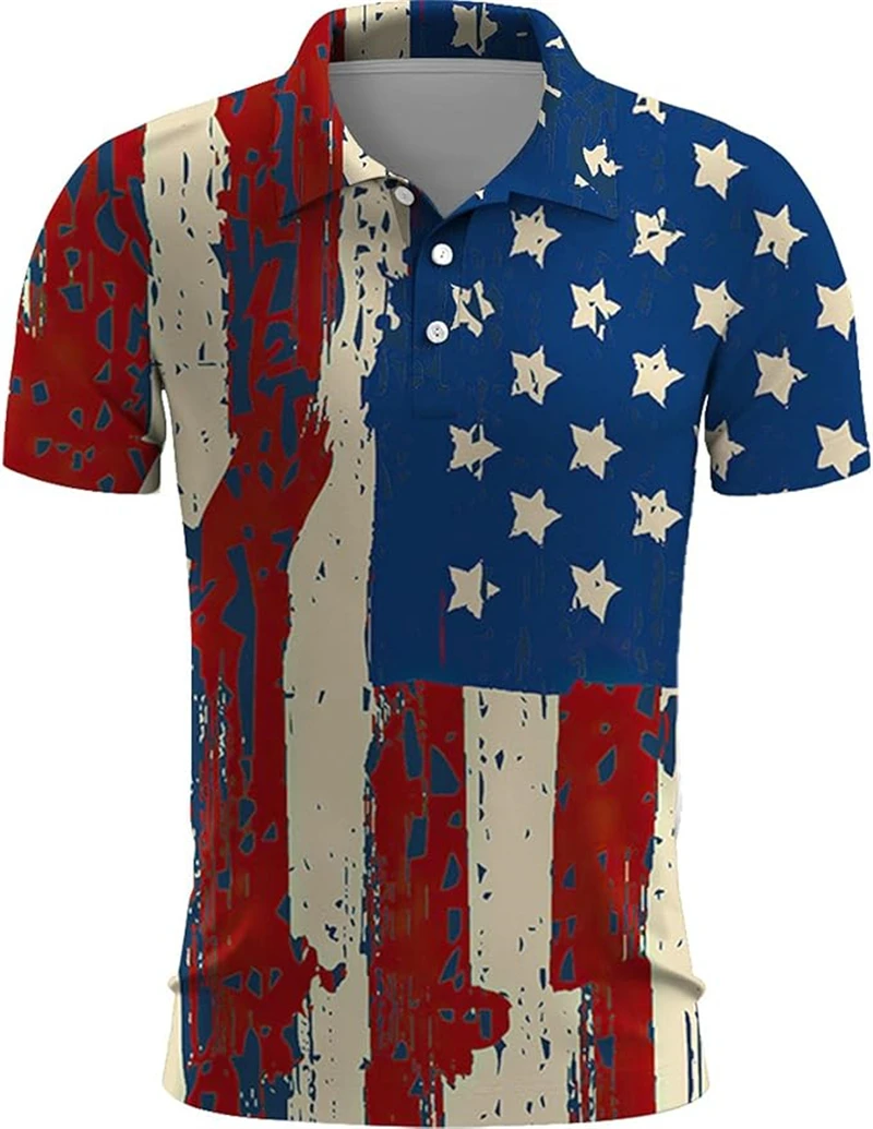 Summer New Mens Polo Shirt Causal Fashion America Flag 3D Printed Polo T Shirt Short Sleeve Casual Vintage Streetwear Loose Top