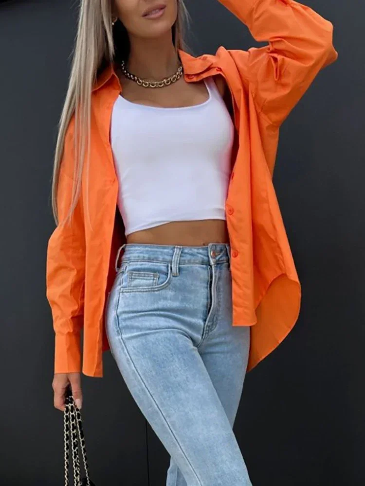 Casual V Neck Long Sleeve Women Shirts Solid Slim Streetwear Button Blouse Office Lady Loose All Match Spring Autumn Orange Tops