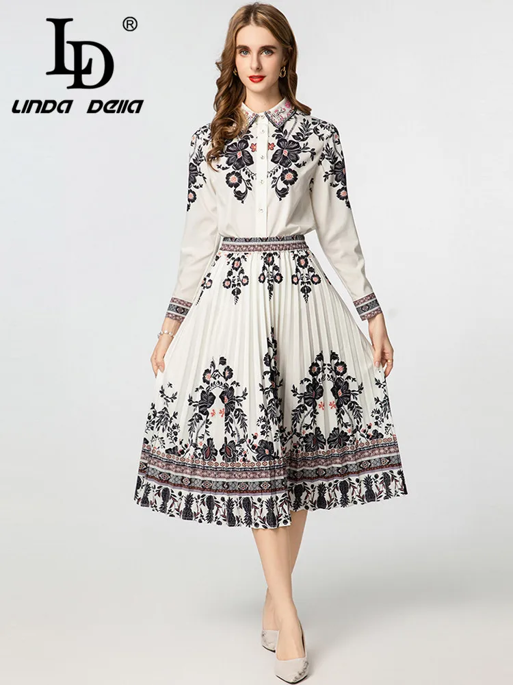 

LD LINDA DELLA 2025 Summer Women's New Fashion Long Sleeve Single breasted Flip Collar Loose Top+pleated Skirt Two Piece Set