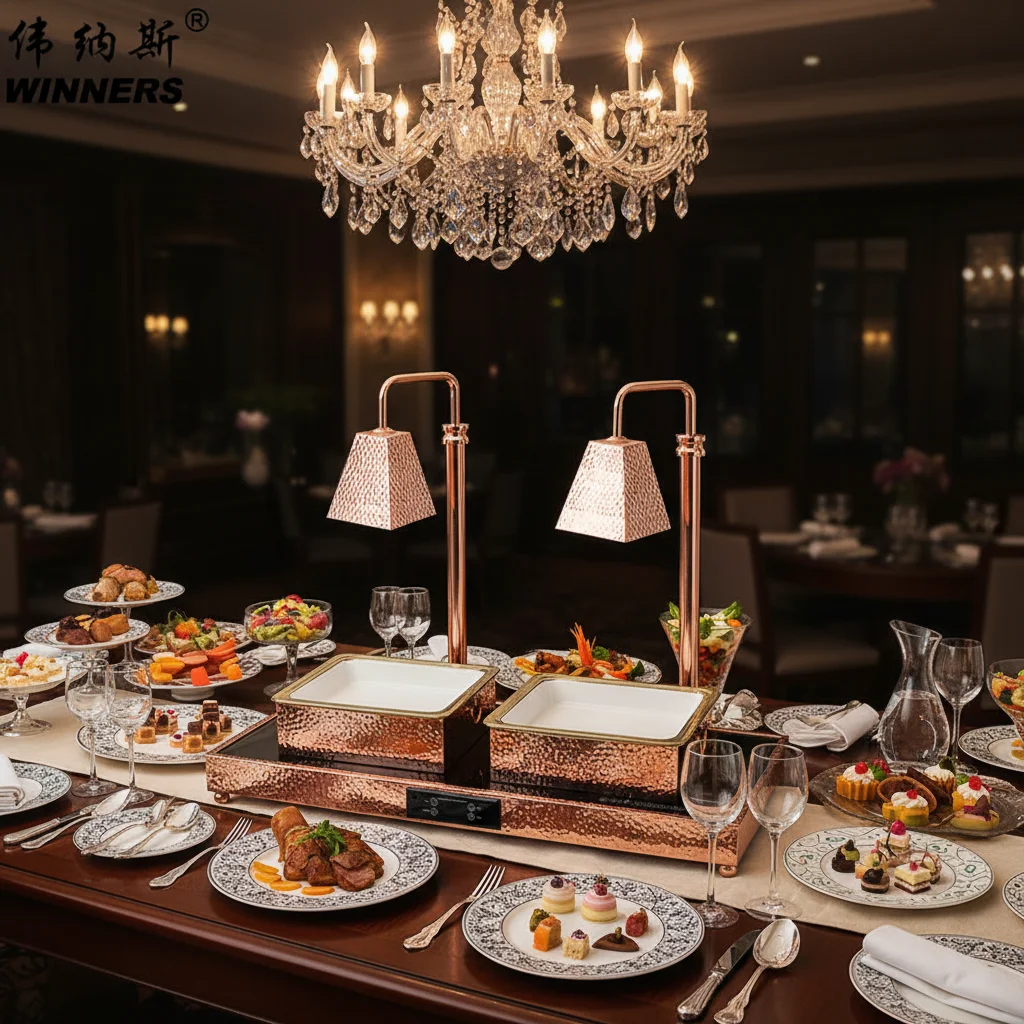 Lámpara de Buffet de Acero Inoxidable Color Oro Rosa de Alta Gama, Lámpara de Calentamiento de Alimentos, Control Táctil, Placa de Calentamiento Eléctrica