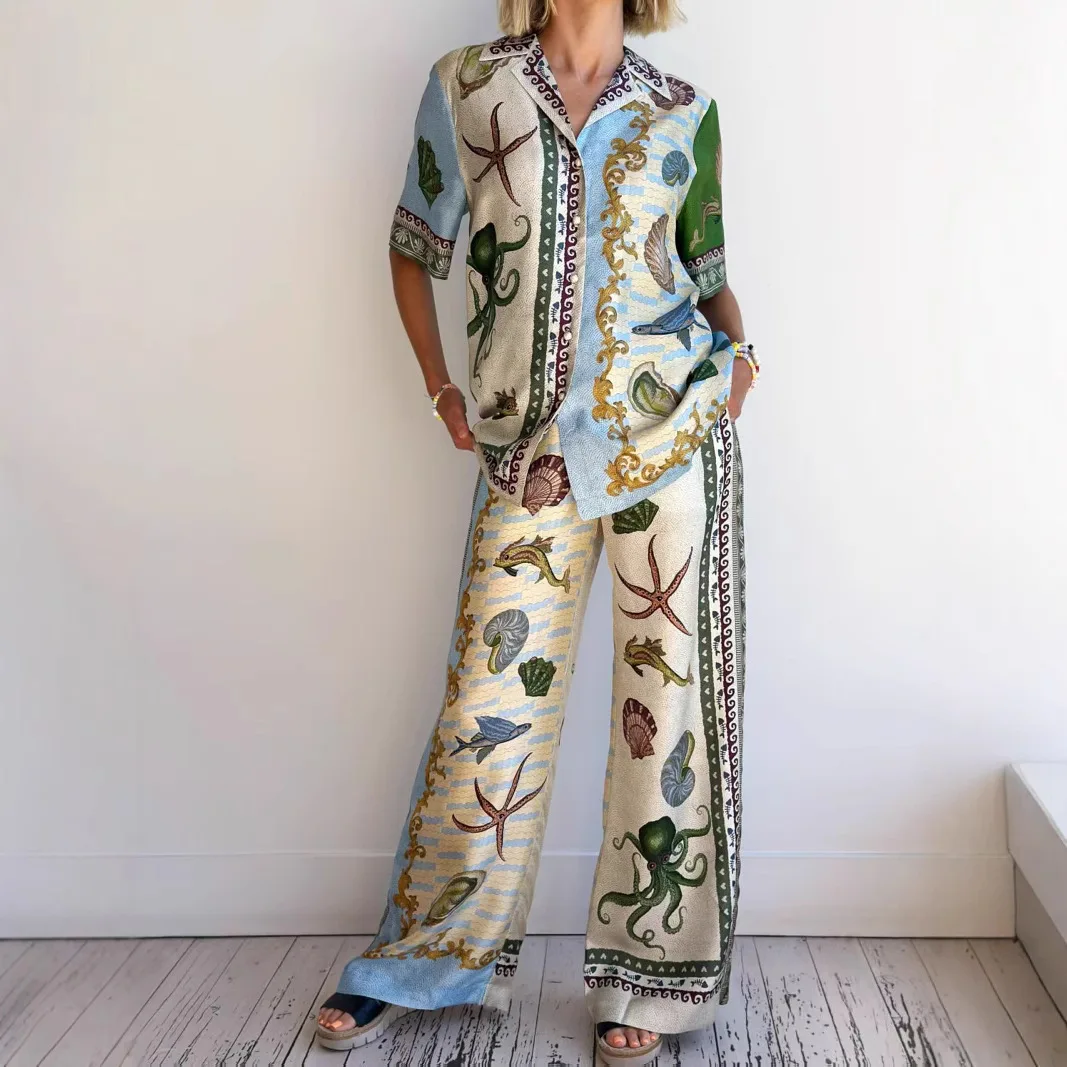Ensembles décontractés 2 pièces pour femmes, tenues printemps-été, chemisier ample à manches courtes imprimé animaux de dessin animé, pantalon large