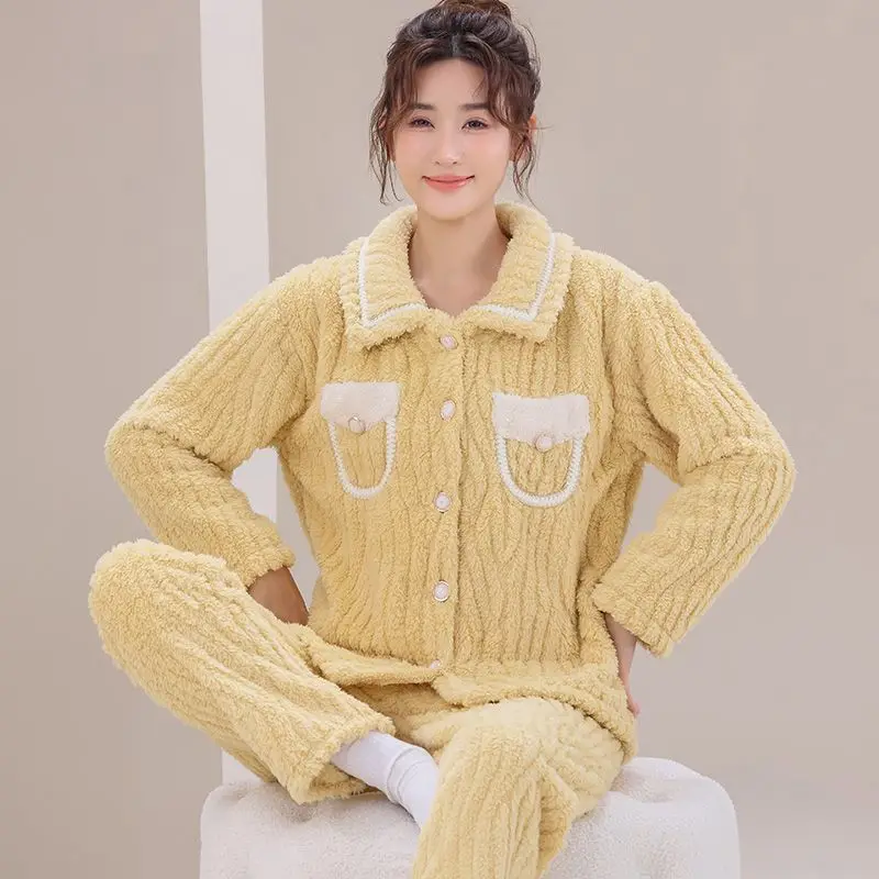 2024 New Design Sleepwear Women Winter Pajamas Coral Fleece Loungewear Suit Thickened Home Clothing Set Girls Outwear Pijamas