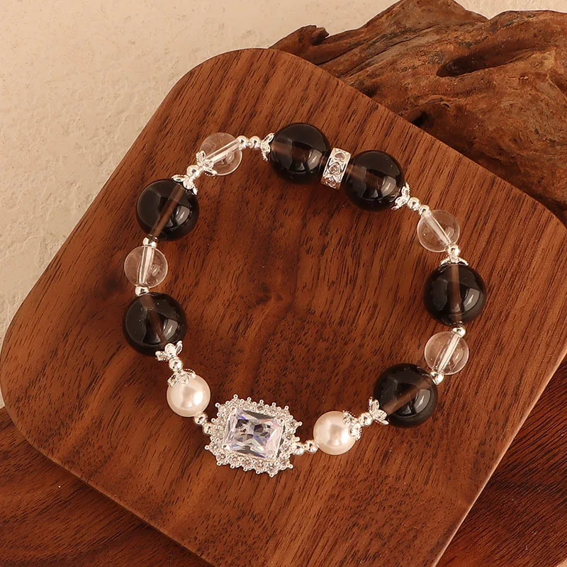 مينار خمر أسود شفاف سبج كريستال الحجر الطبيعي اللؤلؤ Bowknot ستار مطرز مطاطا ستراند أساور للنساء هدية