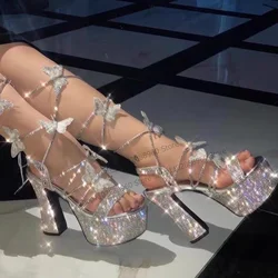 Silver Cross-Tied Platform Crystal Butterfly Decor Sandals Chunky High Heel Shoes for Women Open Toe Fashion Zapatillas Mujer