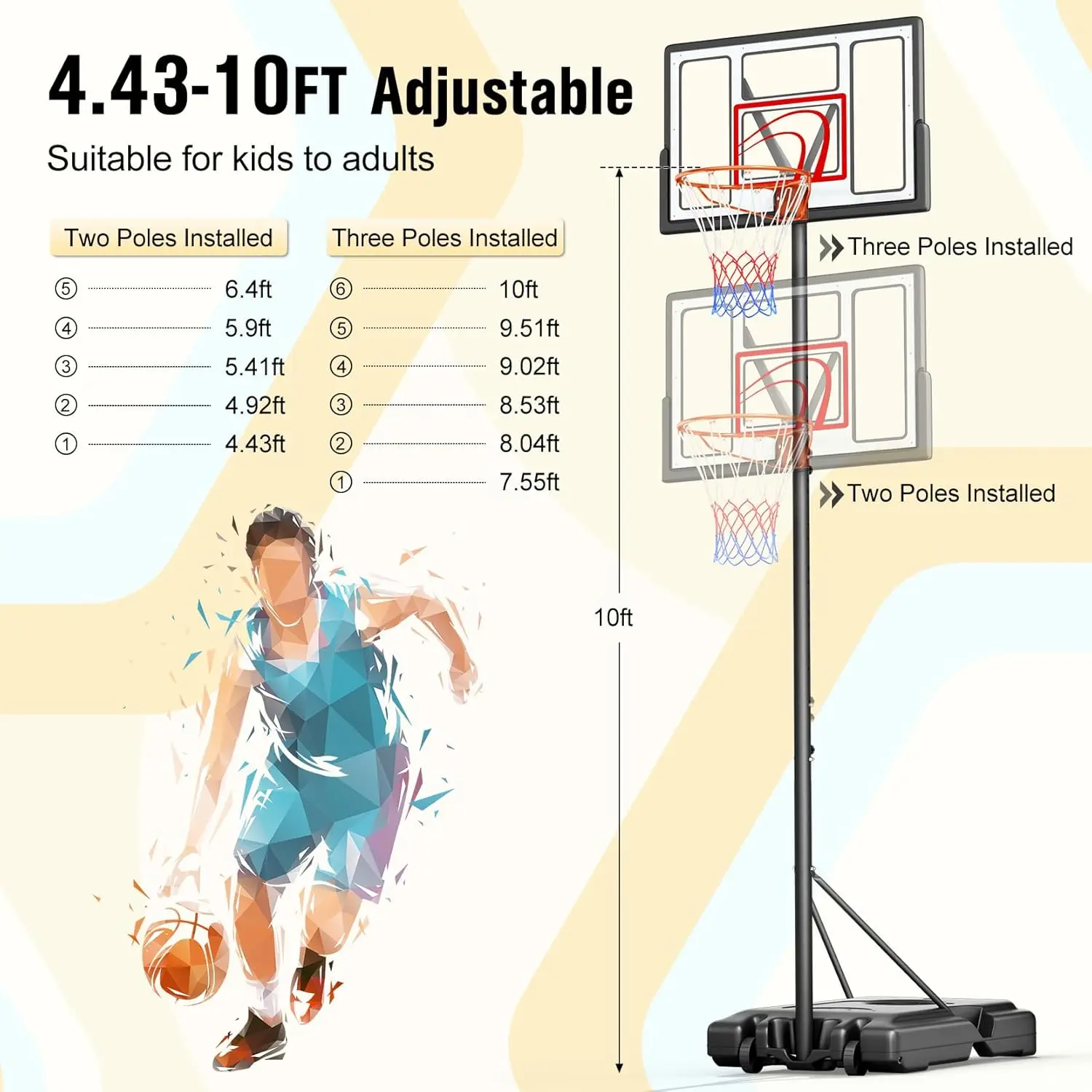 Adjustable Basketball Hoop Outdoor 10FT, Basketball Portable Hoops & Goals, 44 Inch PC Backboard, for Kids, Youth