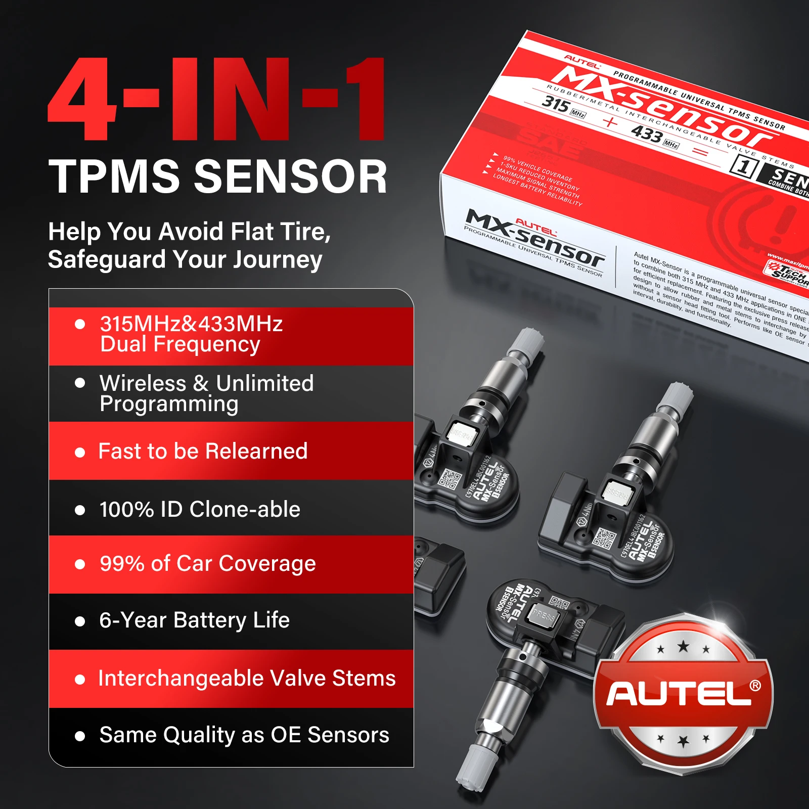 Capteur de pression des pneus Autel MX-Sensor TPMS, 4 pièces, 315/433MHz, double fréquence, 88 puces, programmation, testeur de pression des pneus, certifié SAE J1205, universel pour la plupart des voitures