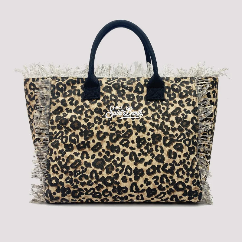 Leopard print bolsa para mulheres, grande capacidade lona saco com borla, zíper bolsa de ombro, novo design verão