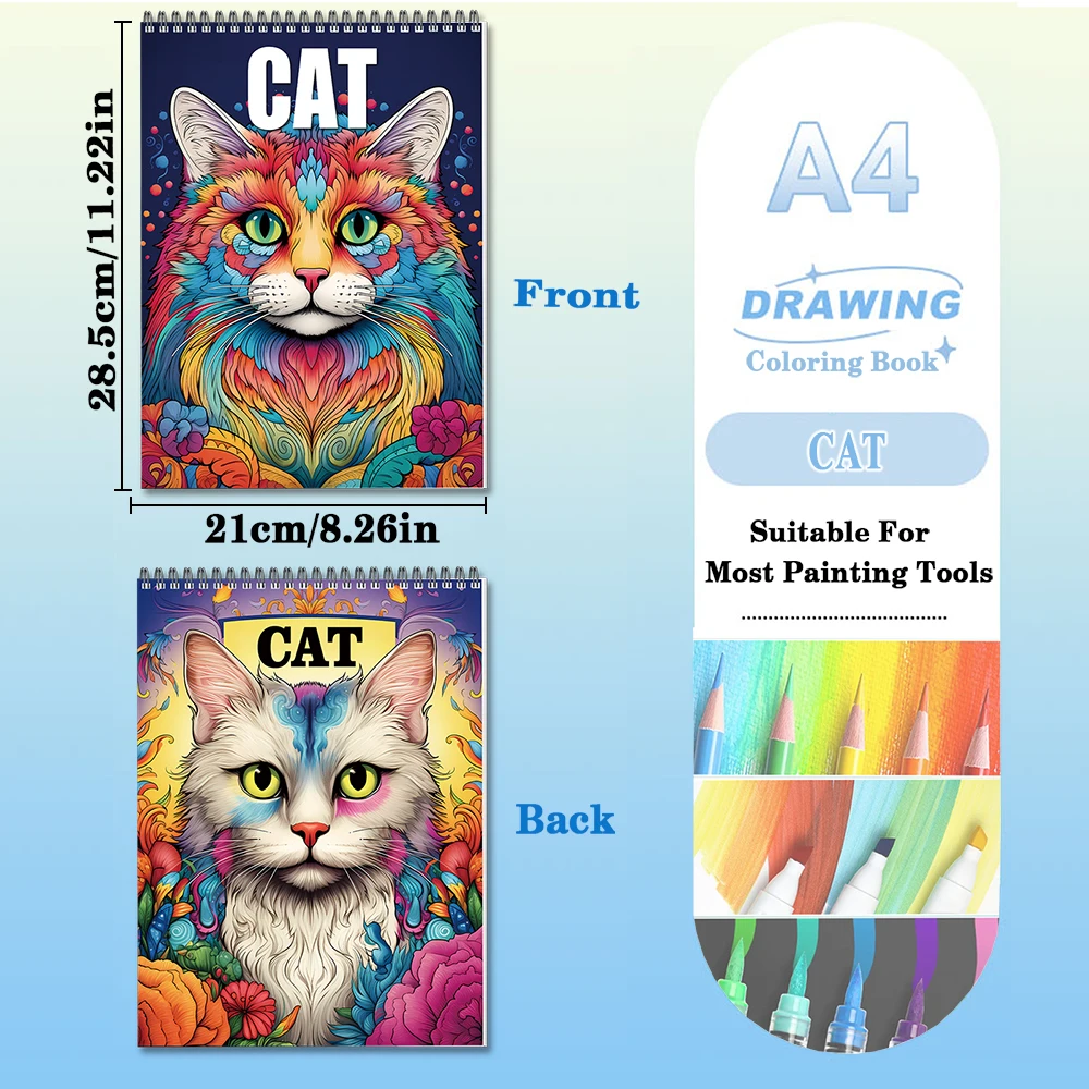 كتاب تلوين قطة الشفاء، مطبوع للكبار، من جانب واحد، 30 صفحة، فن يدوي الصنع للبالغين لتخفيف القلق والاكتئاب