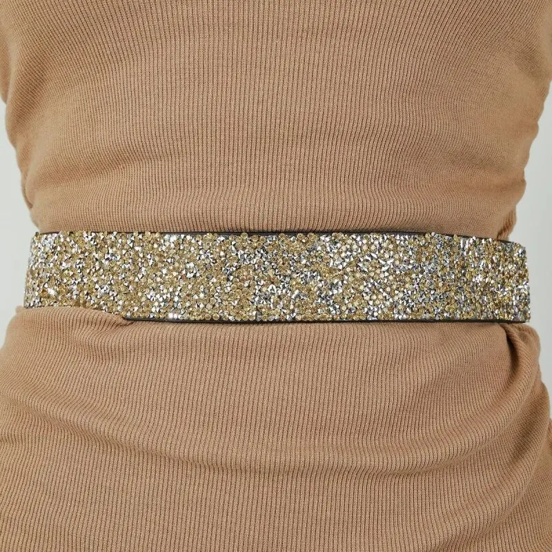 Women Belt Rhinestone Inlaid Elastic Waistband Sparkling Fashion Crystal Waist Cover Elastic Waist Closure Wide Belts With Dress