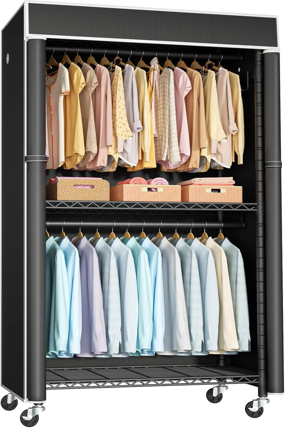 Rolling Clothing Rack with Cover, Metal Garment Rods Organizer w/ 3 Wire Shelves, 2 Hanging Bars, Mobile Closet Wardrobe Cabinet on Wheels