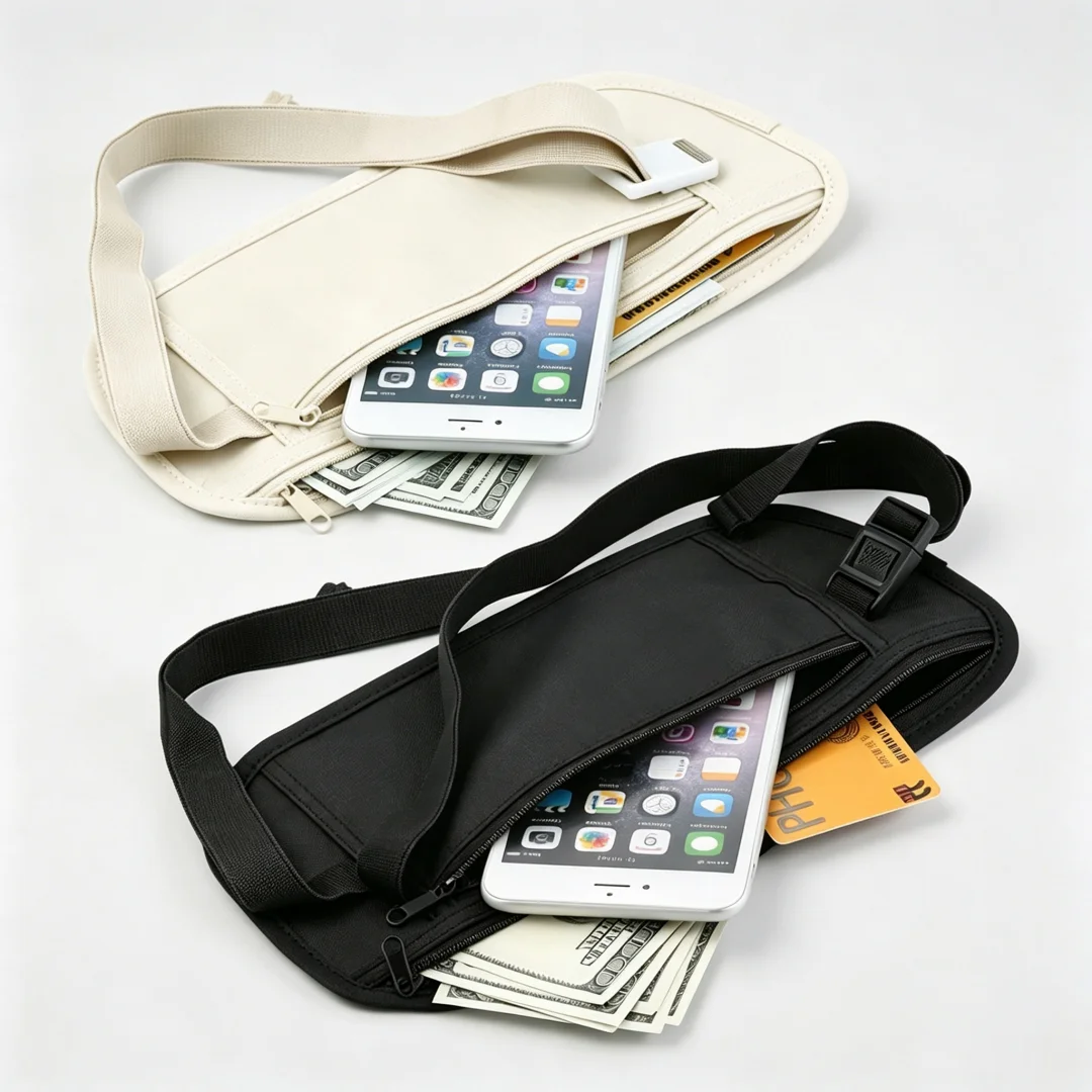 Travel Wallet Slim - 目立たない旅行用ウエストバッグ。ナイロン製でスリム、隠しポケット付き。パスポートホルダーとしても使用可能。軽量で通気性に優れ、安全な財布。