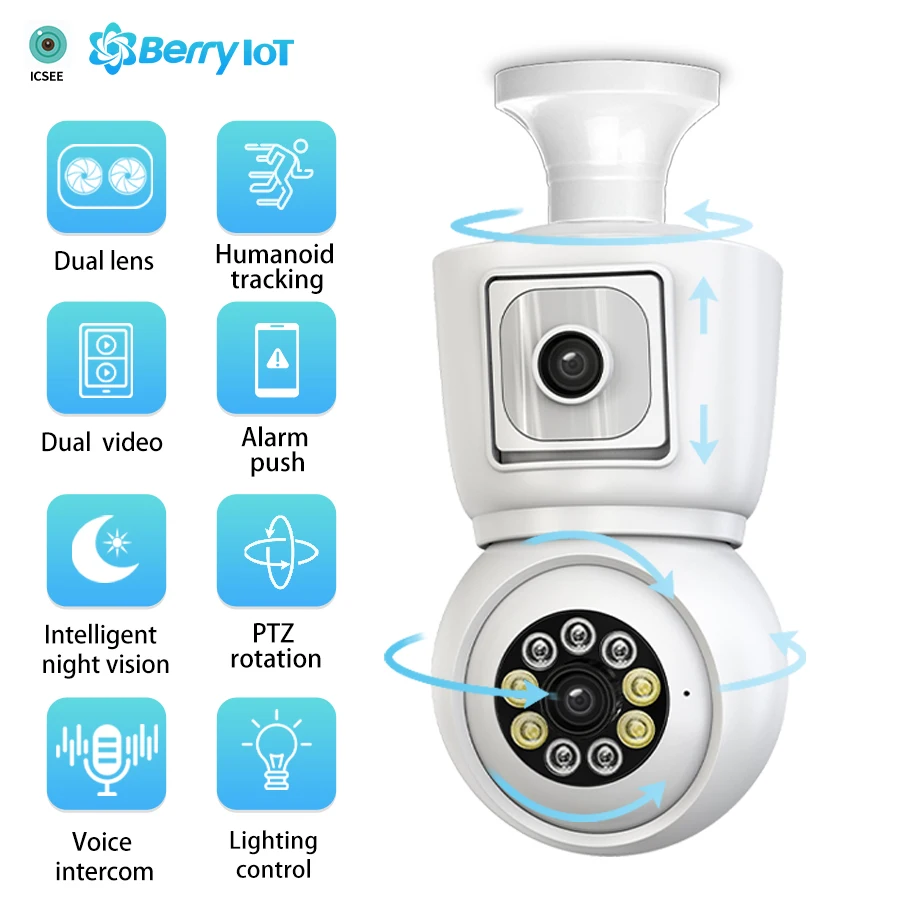 4MP Wireless WiFi E27 Bulb Dual-Lens Camera Safety Protection CCTV Baby Monitor PTZ Automatic Tracking Bidirectional Audio ICSEE