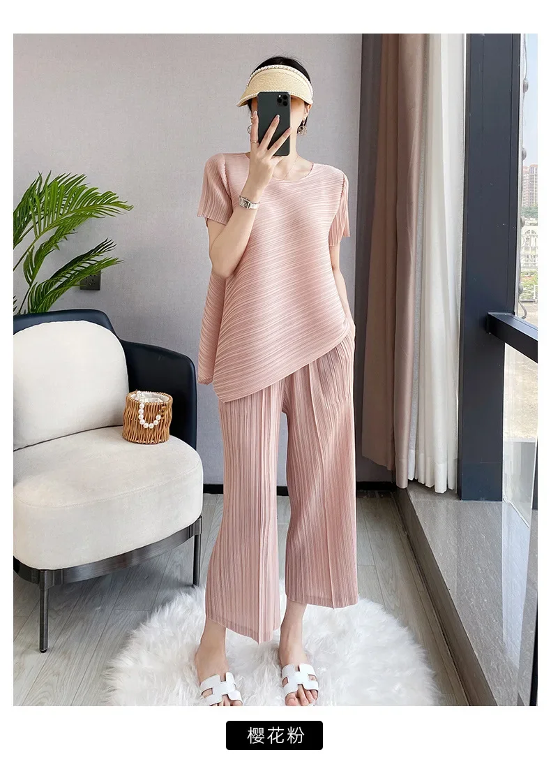 Pleats Pleated Pants Set 2024 Summer New Loose Ageing Big Size Temperament Fashion Simple Pleated Two-piece Female Clothing