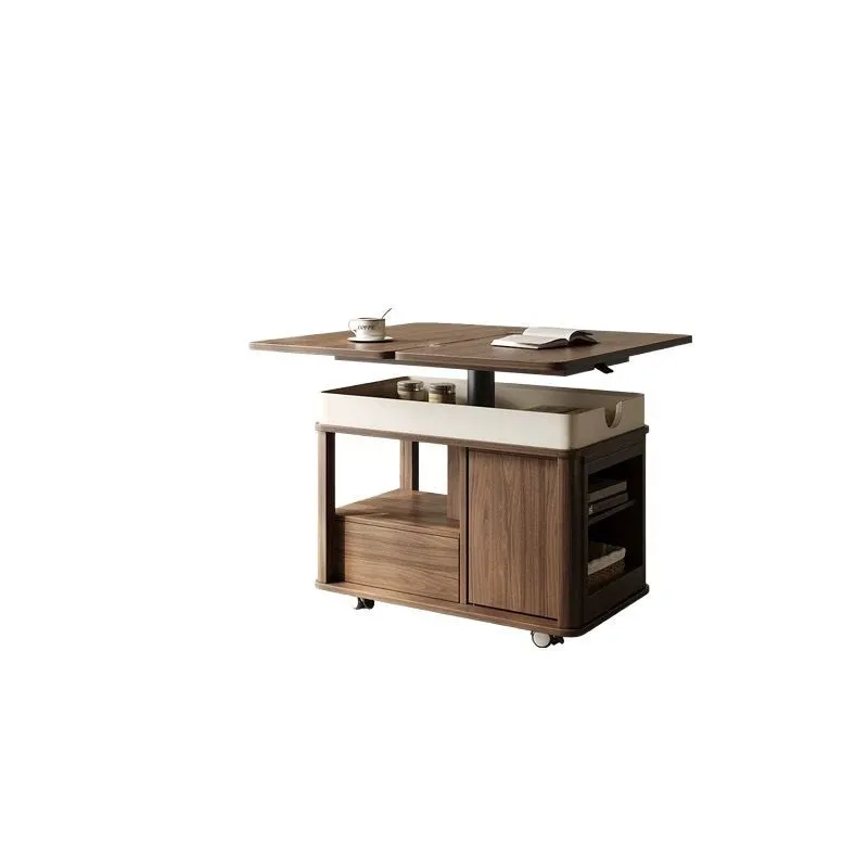 Lifting tea table multi-functional light luxury tea table household living room movable trolley solid wood small apartment foldi