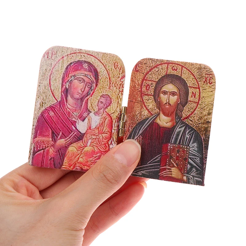 1PC Wood Christ The Teacher And Virgin Of Kazan Catholic Orthodox Icon Diptych For Travel Home Display Religious Gift Decoration