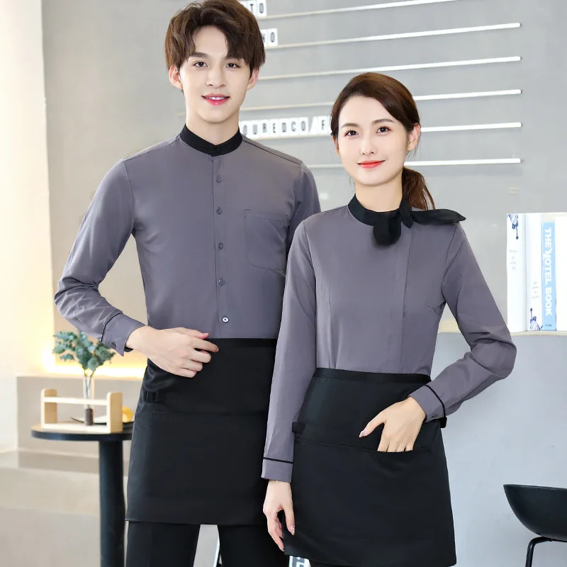 Waiter Workwear Shirt Restaurant Cafe Milk Tea Shop Fashion Slim-Fitting Work ClotheslogoWomen's Long Sleeve