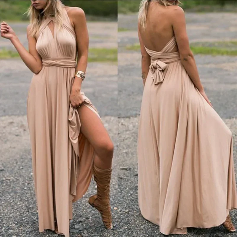 

Women Solid Dress Multiple Threading Method Multi Rope Crossing Dress Backless Sexy Long Dress Women Elegant