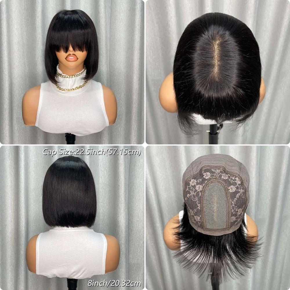 여성용 2x4 클로저 밥 가발, 짧은 스트레이트 블랙 밥 가발, 앞머리 있는 레미 인모 가발 (흑인 여성용)