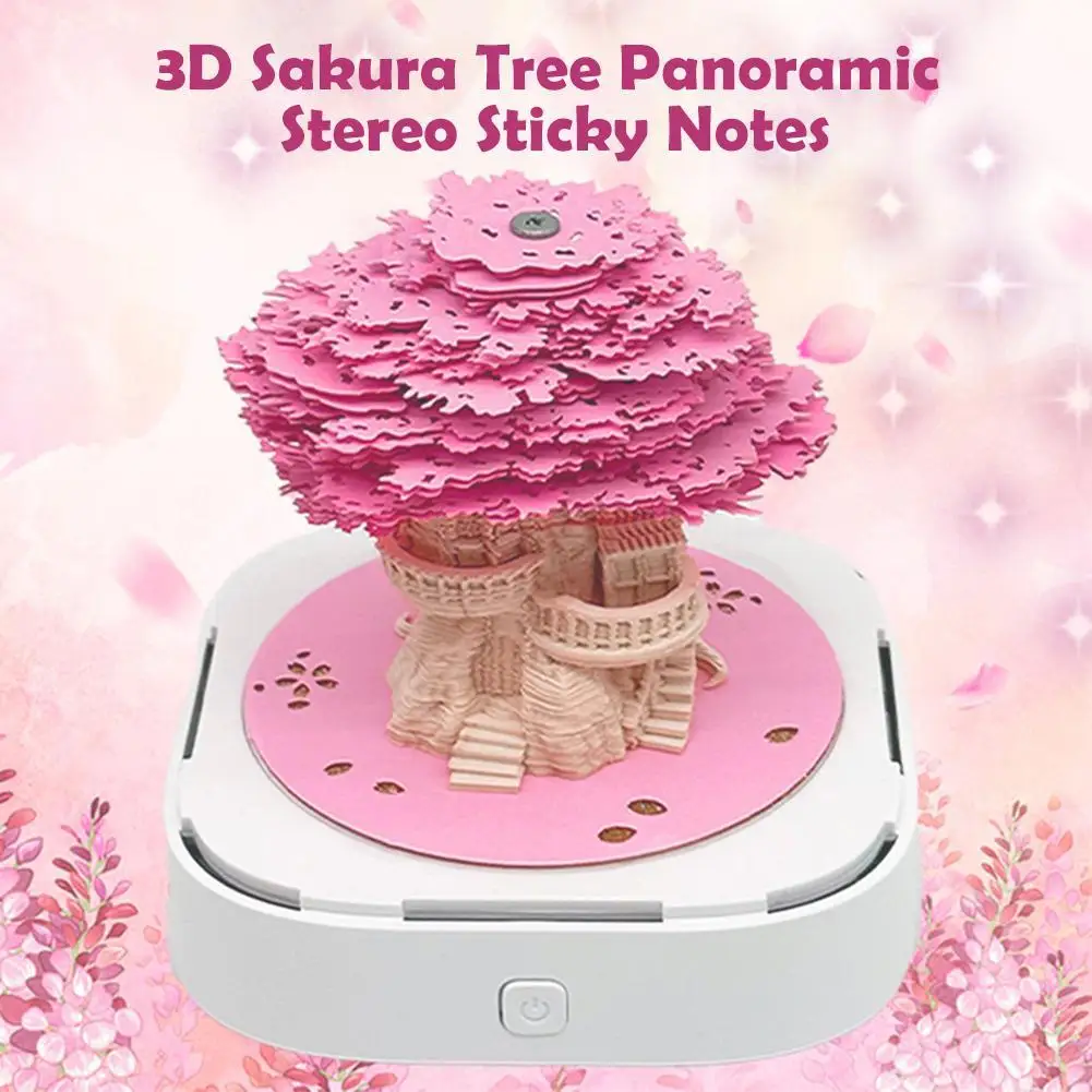 3D Desk Calendar 2025 Tear-Away 3D Paper Art Notepad with LED Lights Desktop Decor House Sculpture Present (Cherry Blossom Tree)