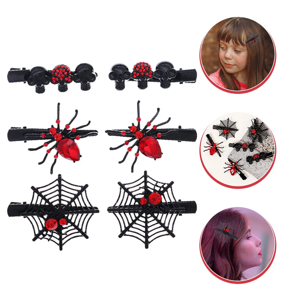 

6Pcs Rhinestones Skull Hair Clip Spider Web Barrettes Halloween Costume Accessories Women Girls Kids Alloy Decorative