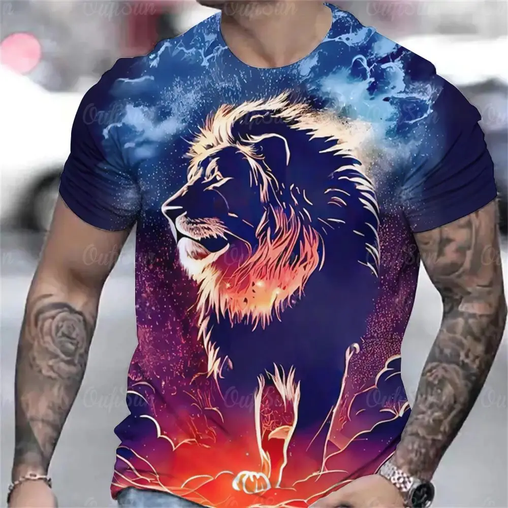 2024 Lion Print T-shirt 3D Animal Men\'s Shirt Summer Short sleeved men\'s casual pullover Oversized Top T-shirt Men\'s S-6XL